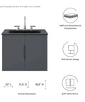 Vitality 24 Inch Gray Bathroom Vanity Cabinet with modern clean lines and durable MDF melamine finish, shown with dimensions.