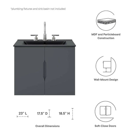 Vitality 24 Inch Gray Bathroom Vanity Cabinet with modern clean lines and durable MDF melamine finish, shown with dimensions.