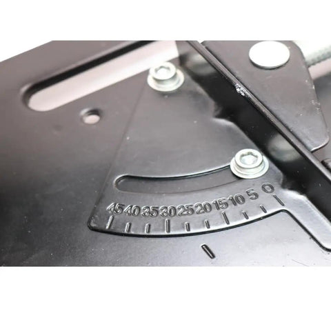 Close-up of the angle guide on a 6 Inch Chop Saw Cut Off Saw With 610W Motor, 8000 RPM, 120V Corded Metal Cutting Tool.