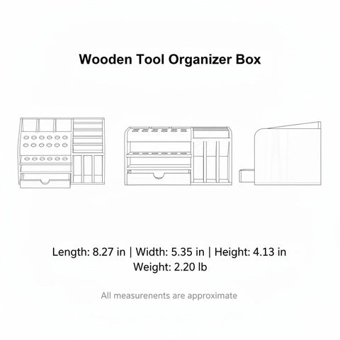 Dimensions and design of Wooden Tool Organizer Box With Divided Compartments And Vertical Tool Slots For Quick Access On Workshop Benches Or Craft Tables