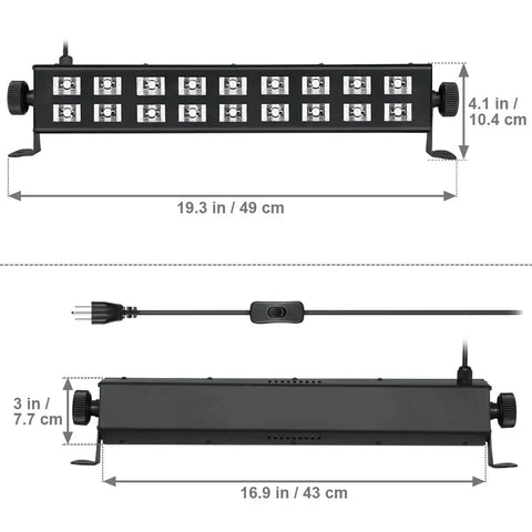 Kickin Black Light Bar For Parties And Neon Decor 54W 395nm UV LED Blacklight with dimensions and power cord details