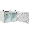 Heavy Duty Ceiling Air Filtration System With Remote Control Three Speed Dust Collector And Dual Stage Carbon Filter For Garage Workshop Air Scrubber Kicking Serious Sawdust And Shop Grit White Powerhouse showing filters and setup.