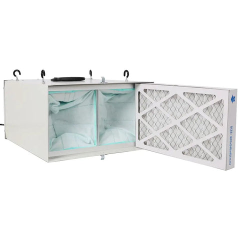 Heavy Duty Ceiling Air Filtration System With Remote Control Three Speed Dust Collector And Dual Stage Carbon Filter For Garage Workshop Air Scrubber Kicking Serious Sawdust And Shop Grit White Powerhouse showing filters and setup.