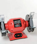 Heavy Duty Six Inch Electric Bench Grinder For Precision Metal Sharpening And Stock Removal With 3450 RPM Capacitor Motor And Wide Adjustable Safety Shields. Red and gray design with safety shields.