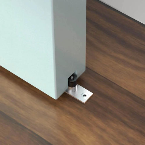 Bottom view of a 6 Foot Top Mount Stainless Steel Sliding Barn Door Hardware Track Kit For 30 To 36 Inch Single Doors Heavy Duty Anti Rust And Quiet Smooth Sliding Easy Install showing floor guide.