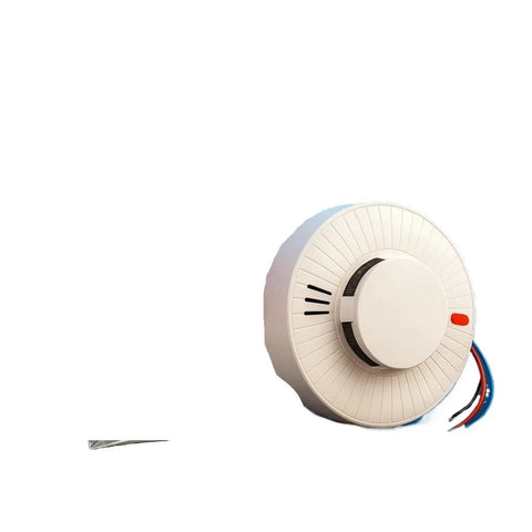 Real Deal Hardwired AC220V Smoke Detector With NO NC Switch Output For Reliable Fire Safety, 85 Decibel Siren And Smart Sensors Ditch False Alerts From Daily Cooking Smoke, white device with red LED.