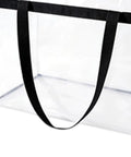Super Roomy Clear Zippered Storage Bags With Heavy Duty Handles And Full Transparent Panels showing a strong black handle and clear PVC material.