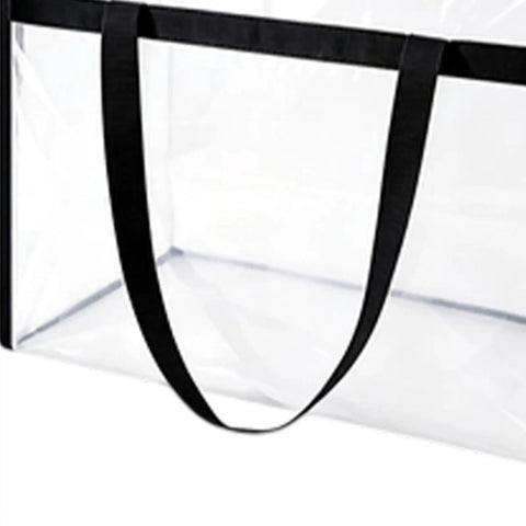 Super Roomy Clear Zippered Storage Bags With Heavy Duty Handles And Full Transparent Panels showing a strong black handle and clear PVC material.