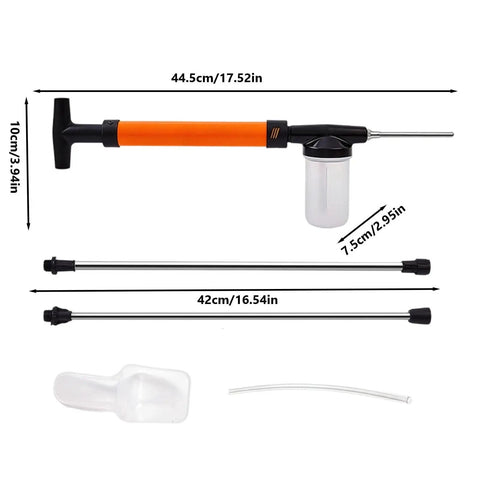 Extended Reach Powder Duster Wand System For Uniform Dusting And Spray Application components and measurements displayed.