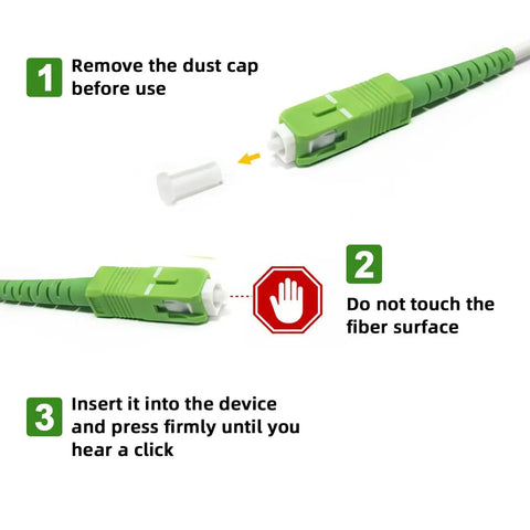 Heavy Duty Os2 Fiber Optic Cable With Built Like Tank Sc Apc Connectors showing connection instructions and protective cap removal.