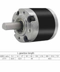 36mm Planetary Gearbox For 555 545 3650 DC Motors High Precision Metal Gears with a visible output shaft and gearbox dimensions.