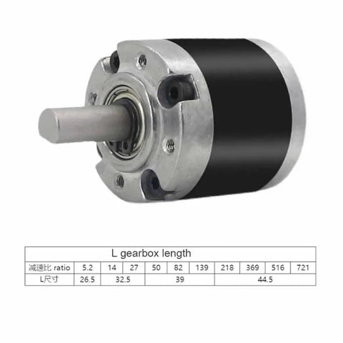 36mm Planetary Gearbox For 555 545 3650 DC Motors High Precision Metal Gears with a visible output shaft and gearbox dimensions.