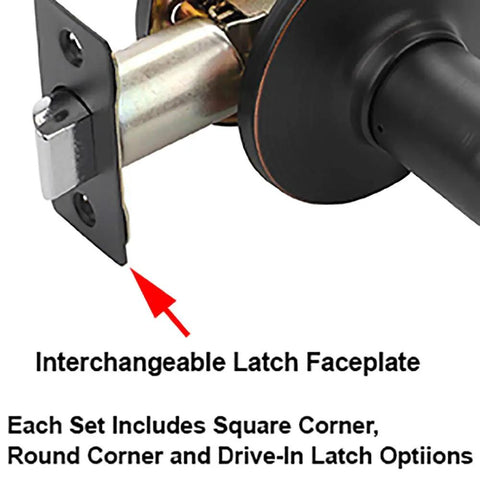 Close-up of interchangeable latch faceplate from Monterey Lever Passage Set In Aged Oil Rubbed Bronze Six Pack Contractor Kit