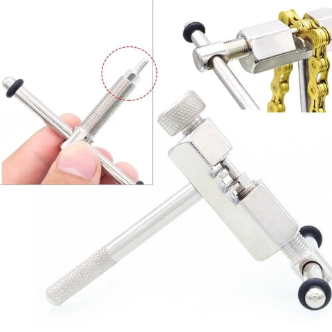 Close-up of 8 Piece Bike Chain Breaker Replacement Pins And Thimbles Set for effortless chain repair with tool in use