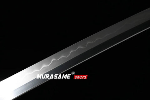 Close-up of blade with hamon of Katana Sword With T10 Steel, Clay Tempered For Real Sharp Edge, Battle Ready Hand Forged Blade With Hamon