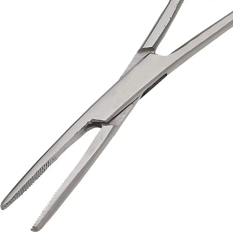 Close-up of 8 Inch Straight And Curved Hemostats Set Stainless Steel Locking Forceps 2 Pack Pro Grade for precise use.