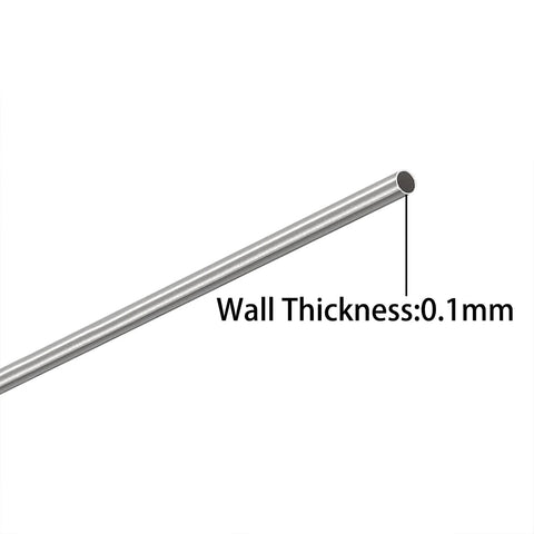 Diagonal view of stainless steel capillary tubing with 0.1 mm wall thickness label.