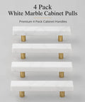 Straight Up Premium White Marble Cabinet Pulls With Slick Gold Aluminum Drawer Handles 3.78 Inch 96Mm Center To Center 4Pack displayed on grey background