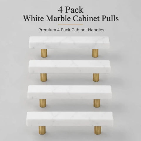 Straight Up Premium White Marble Cabinet Pulls With Slick Gold Aluminum Drawer Handles 3.78 Inch 96Mm Center To Center 4Pack displayed on grey background