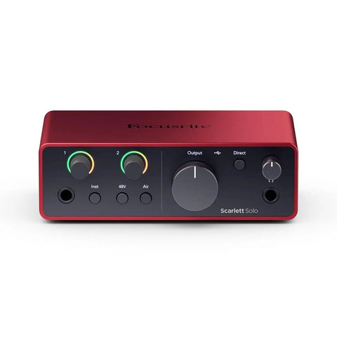 Front view of Scarlett Solo 4th Gen USB Audio Interface Bundle With Microphone And Guitar Preamps Studio Quality Sound 120dB Dynamic Range