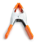 2 Inch Spring Clamp With Handle One Handed Clamping Tool Silver Orange Finish Quick Release Paddle Action for Woodworking and DIY Projects Workhorse Grip Control, showing the open clamp.
