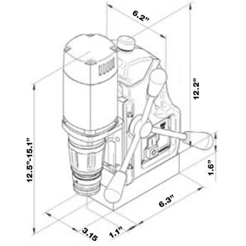 Super Lightweight Portable Magnetic Drill Press By CS Unitec MAB 100 K Compact Cordless Unit dimensions diagram with detailed measurements.
