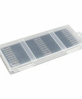 Double Edged High Speed Steel Planer Blades Reversible Jointer Knives Pack Of Ten in transparent case for woodworking projects.