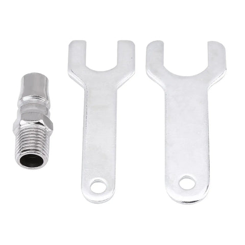 Set of two silver wrenches and a pneumatic connector for Heavy Duty No Nonsense Pneumatic Air Die Grinder With 1/4 Inch Shank And 23000 Rpm.