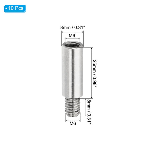 10 pcs stainless steel M6 standoff extension posts, female top and male bottom threads, 25mm length, 8mm diameter