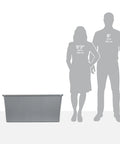 Go Big On Storage With This 50 Gallon Gray Bin featuring heavy duty latches and secure recessed lid, next to scale figures.