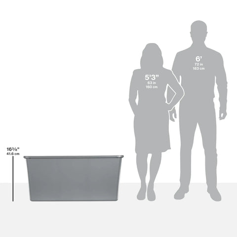Go Big On Storage With This 50 Gallon Gray Bin featuring heavy duty latches and secure recessed lid, next to scale figures.