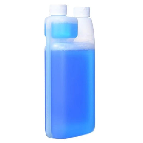 33.8 oz bottle of Acid Formula Milk Frother Cleaner for Automatic Milk Systems, breaks down milk protein buildup, blue liquid solution.