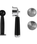 Compact Touchscreen Espresso Machine With Integrated Steam Milk Frother And Programmable Cup Sizing brewing tools including tamper and filters.