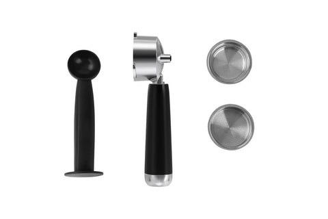 Compact Touchscreen Espresso Machine With Integrated Steam Milk Frother And Programmable Cup Sizing brewing tools including tamper and filters.