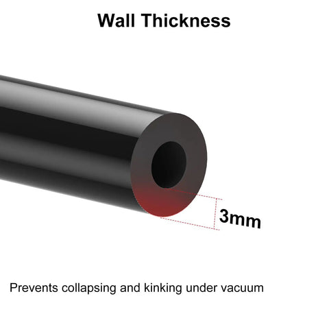 Durable 10-Foot Black Silicone Vacuum Hose With 1/4 Inch Inner Diameter, 3mm Wall Thickness, Cut Section View