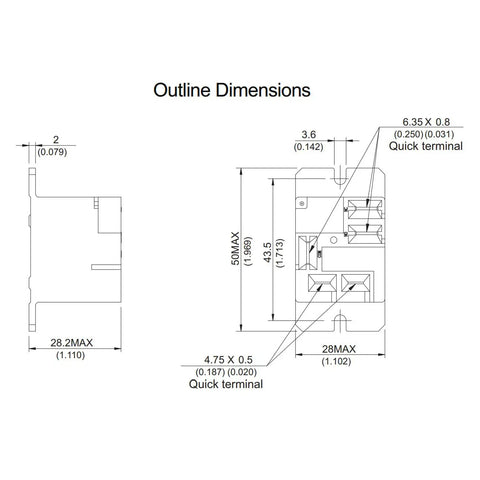 Outline dimensions of 12V DC General Purpose Power Relay 30A 250VAC Rating, Single Pole Normally Open, AgSnO Contact Material, Quick Terminals