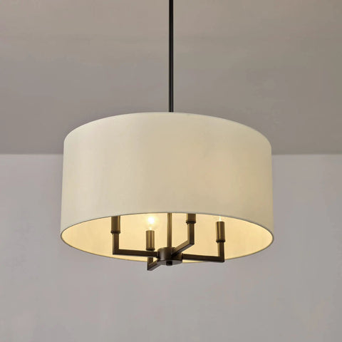 Four Light Matte Black Chandelier With Beige Fabric Shade Modern Farmhouse Hanging Light for Kitchen Island