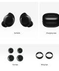 Galaxy Buds Core SM-R410 Black Wireless Earbuds With Bluetooth 5.4, Active Noise Cancellation, and 35h playback, accessories.