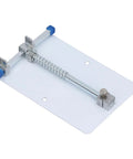 Heavy Duty Stainless Steel PCB Holder And Fixture Clamp for small circuit boards, side view showing clamping mechanism, on white background