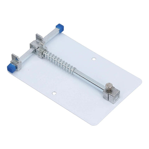 Heavy Duty Stainless Steel PCB Holder And Fixture Clamp for small circuit boards, side view showing clamping mechanism, on white background