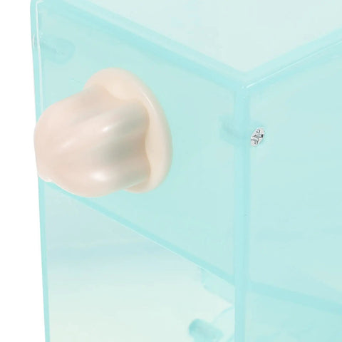 Close-up of No Fuss Splash Proof Bird Feeder Cage Mount with secure buckle clip, includes clear plastic design.