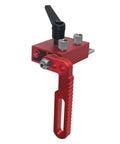 Universal 3.5 Inch Fence Flip Stop Block T Track Stop Block Featuring Dead On Calibrated Hairline Reader For Table Saw Miter And Drill Press No Sweat Alignment And Nailed Down Precision Woodworking Gear, red aluminum flip stop block with handle.