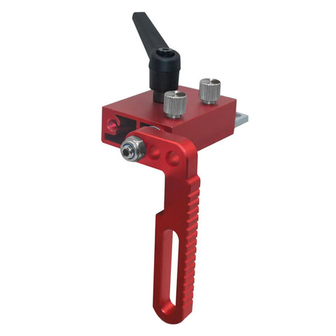 Universal 3.5 Inch Fence Flip Stop Block T Track Stop Block Featuring Dead On Calibrated Hairline Reader For Table Saw Miter And Drill Press No Sweat Alignment And Nailed Down Precision Woodworking Gear, red aluminum flip stop block with handle.