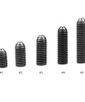 Five sizes of Built Tough 10 Piece Carbon Steel Ball Plunger Set With Hex Socket Screws positioned for clarity.
