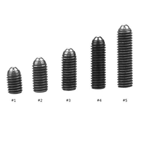 Five sizes of Built Tough 10 Piece Carbon Steel Ball Plunger Set With Hex Socket Screws positioned for clarity.
