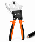 Heavy Duty Ratcheting Cable Cutter Cuts Copper And Aluminum Wire Up To 600 Mcm Pro Electrician Tool with black and orange handles.