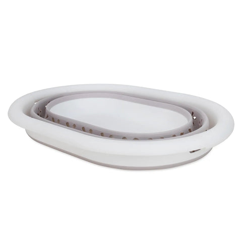 Collapsed view of Small Taupe White Pop Open Waterproof Plastic Bin, ideal for space saving in homes, dorms, and RVs.