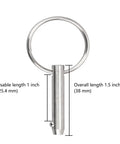 Marine Grade 316 Stainless Steel Quick Release Pin For Bimini Top 0.25 Inch Diameter 1.5 Inch Overall Length 1 Inch Usable Length Saltwater Ready Spring Loaded Ball 2 Pack Boat Gear, shown with measurements