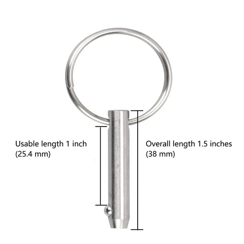 Marine Grade 316 Stainless Steel Quick Release Pin For Bimini Top 0.25 Inch Diameter 1.5 Inch Overall Length 1 Inch Usable Length Saltwater Ready Spring Loaded Ball 2 Pack Boat Gear, shown with measurements
