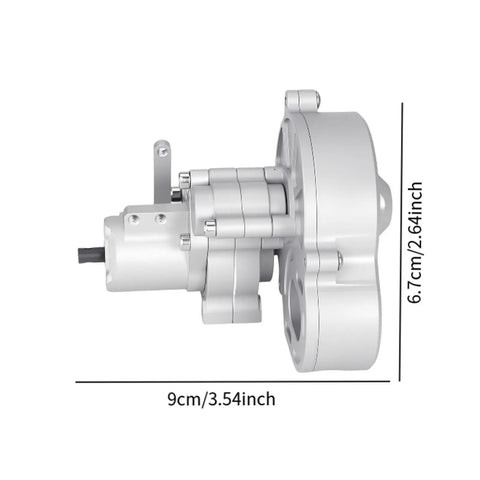 Side view of Beefed Up Aluminum Alloy RC Transmission Gearbox For 1-10 Scale Crawler Cars, metal gearset, sturdy silver build